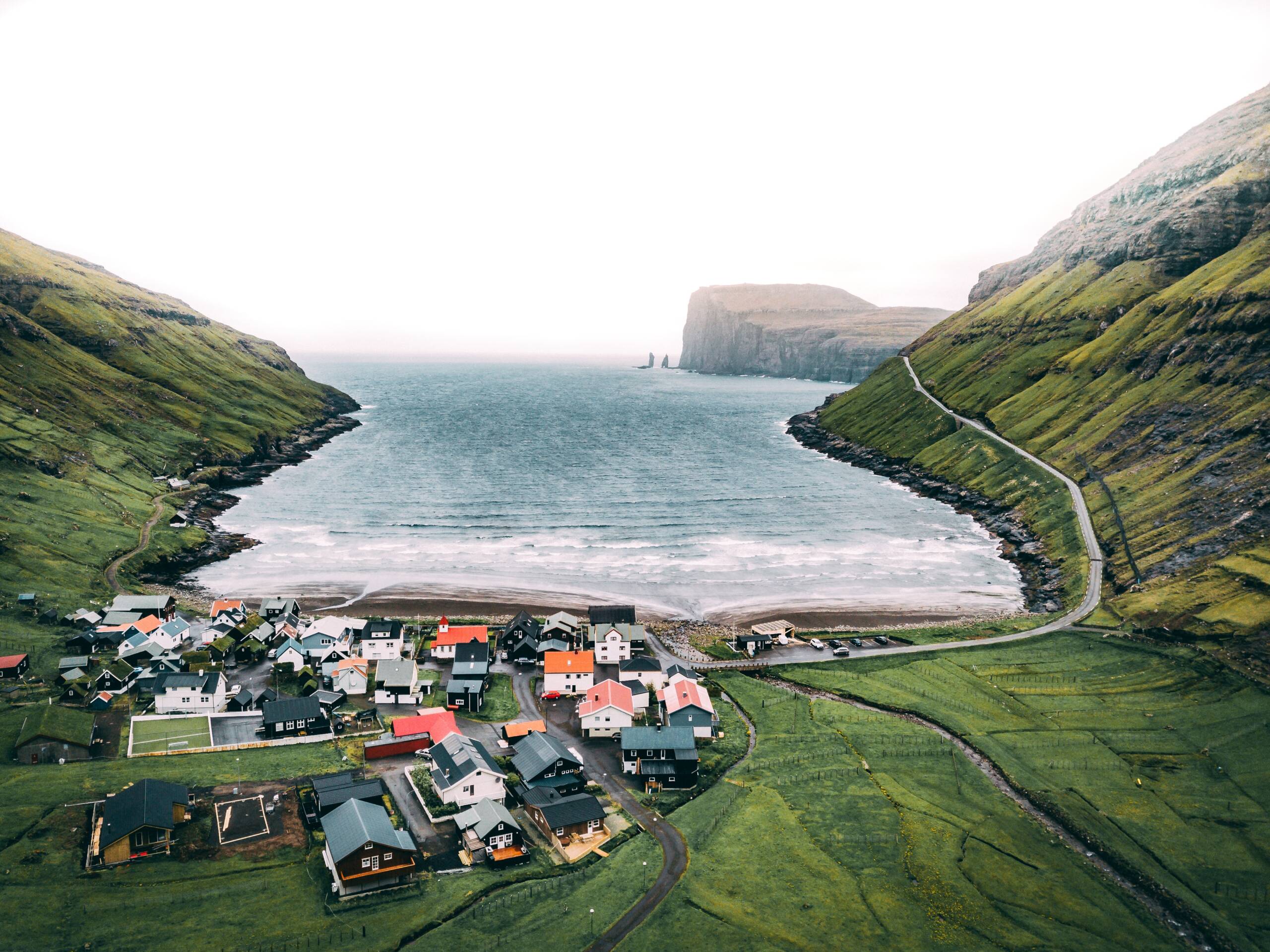 Aerial shot of the shore of the Atlantic Sea on Faroe Islands